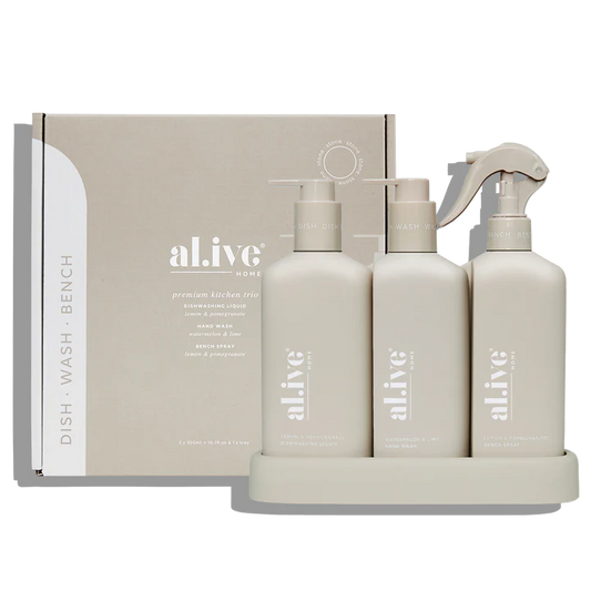 Al.ive Dishwashing Liquid, Hand Wash & Bench Spray + Tray - Lemon & Pomegranate