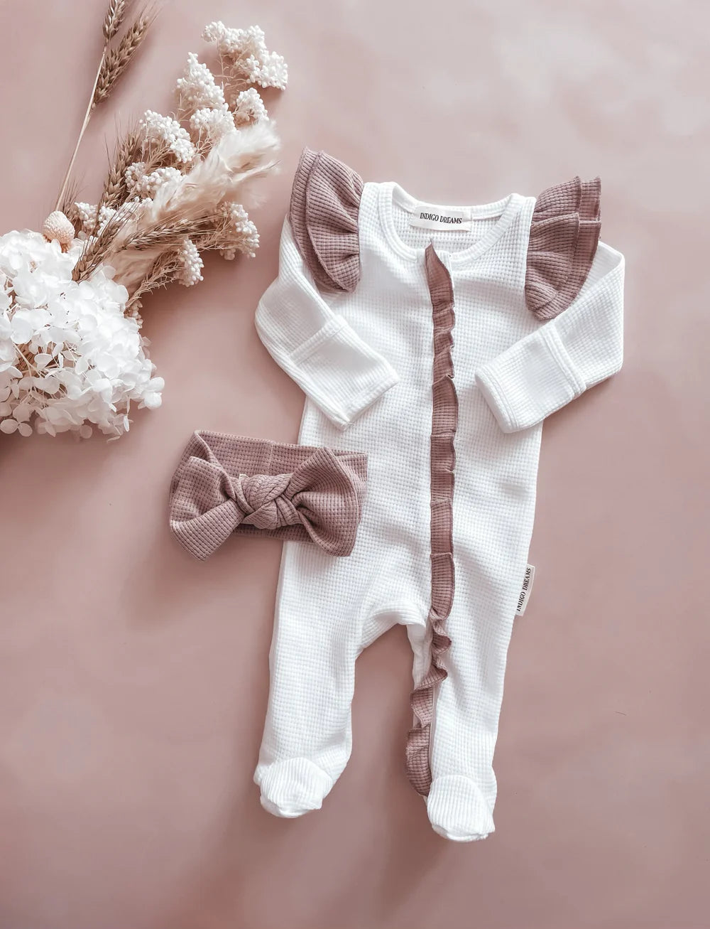 Indigo Dreams Coconut & Mauve Waffle Onesie
